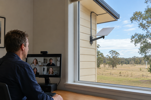 Amazon Leo home office setup for a regional Australian remote worker with an outdoor satellite receiver and clear sky access