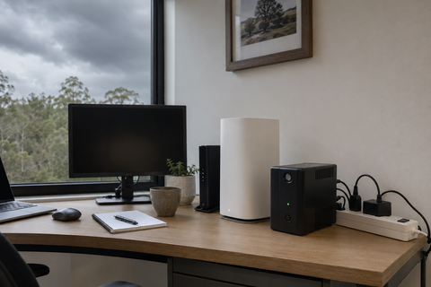 Amazon Leo power backup setup with UPS and router equipment in a regional Australian home office