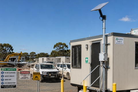 Satellite internet planning for an Australian construction site office with a secure pole-mounted receiver and protected cabling