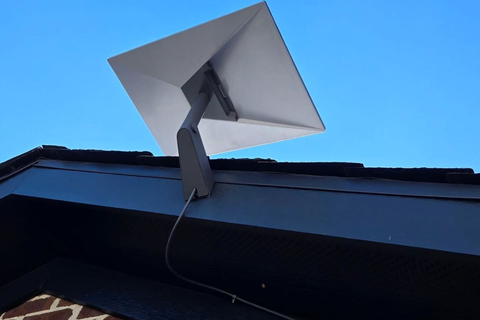 Amazon Leo terminal on a secure roof mount in an exposed outdoor setting.