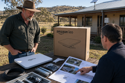 Homeowner and professional installer planning an Amazon Leo installation from ground level