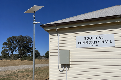 Amazon Leo community connectivity setup at a rural Australian community hall with pole mount and protected cabling