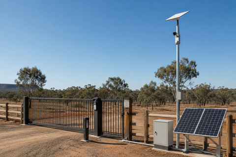 Satellite internet access control setup at a remote rural gate with pole-mounted flat receiver